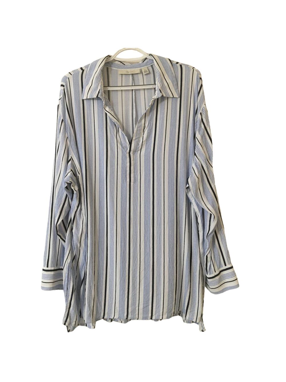 Sejour 2X Long Sleeve Navy Blue, Blue & White Striped V-neck Collared Blouse